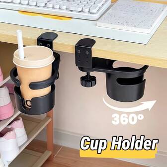 No-Drill Foldable/Rotatable Cup Holder Organizer | Adjustable Metal Bedside Shelf + Space-Saving Design | Hanging Cup/Coffee/Tea Storage Rack (Table/Wall 2-In-1 + Home/Dorm/Office/Car Space-Saver Essential)