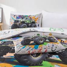 Boys Full Size Off-Road Racing Truck Print Bedding Comforter Set With Sheets, Cartoon Race Trucks Bed In A Bag 5 Pieces Kids Teen-Boys Monster Car Dorm Reversible Bed Sets, Blue Full - Green - View 7