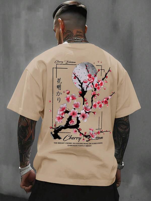Plus Size Men's Japanese Cherry Blossom Print Round Neck Loose T-Shirt, Spring/Summer
