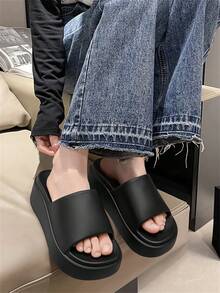 Women's Solid Color Simple Thick-Soled Fashionable Slippers, Cool Hawaiian Resort Beach, Women's High Heel Thick-Soled Fashionable Sandals, Women's Simple Thick-Soled Casual Slippers, Fashionable Thick-Soled Sandals, Slippers Suitable For Outdoor High Heels With Thick Soles - Black - View 4