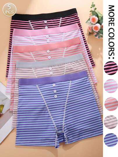5pcs/Pack Women's Striped & Solid Color Waistband Comfort Fabric Minimalist Striped Print Hipster Panties
