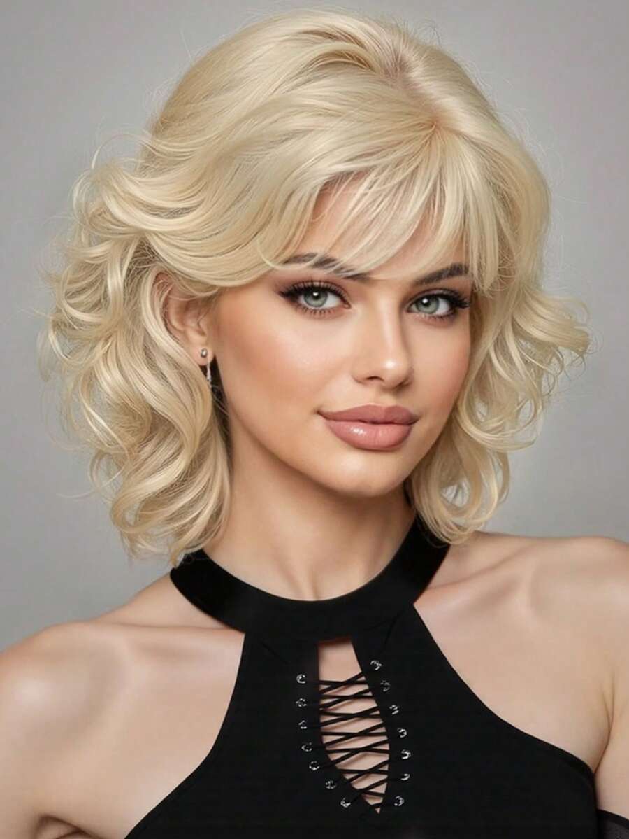 Elegant Pear Hair Style Blonde 12-Inch Short Curly Wig With Bangs, Woven Synthetic Wig For Women, Ideal For Everyday And Festive Wear Festival Gifts For Women - Vàng - Xem 1