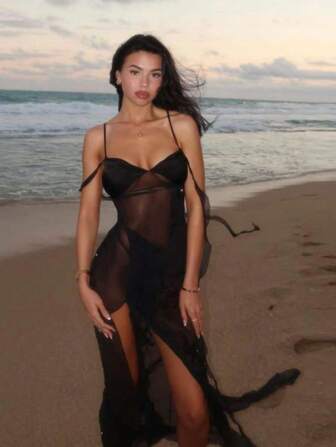 SIZZLING SHEER SLAY ! Robe fendue transparente sans dos - Mini asymétrique pour couvrir un bikini, les festivals et les sorties en boîte de nuit
