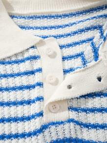 Unisex Retro Loose Casual Striped Short Sleeve Polo Collar Knitted Top, European And American Style