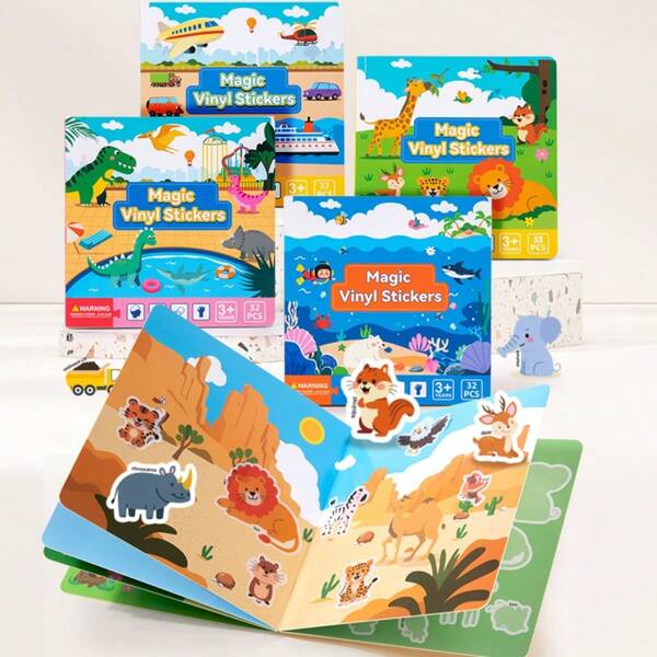 Kinderboek met magische statische stickers, cartoonontwerpen, herbruikbaar en wasbaar, kunnen aan bekers, koelkasten, ijzeren deuren en glas plakken, decoratieve statische stickers