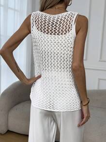 Damen Lässiges Sommeroberteil - Ärmellose Häkelstern Muster Tank Top, weiß mit goldener Sternenstickerei, perfekt für lässige Lässig Kleidung, lässiges Sommeroberteil | Stern Stickerei Top | Rundhals Top