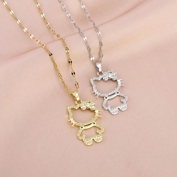 Sanrio 1pc Hello Kitty Pendant Necklace, Women's Fashion Rhinestone Inlaid Design, Stylish & Cute Necklace, Gift