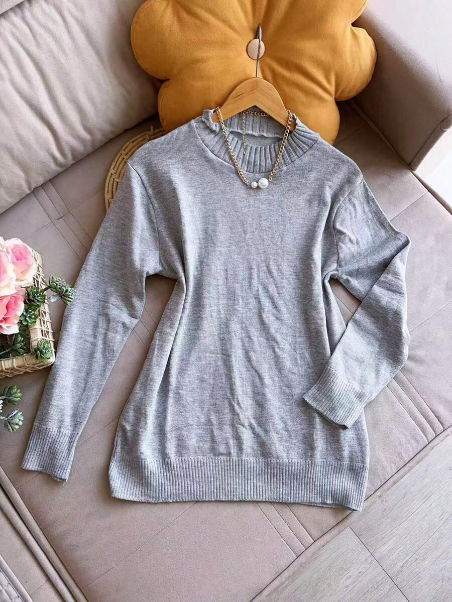 Sweater Blouse Round Neck Plus Size Basic Women Fashion - Light Grey - View 1