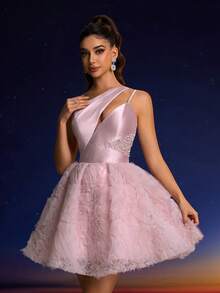 Anymoon Pink Cute Patchwork Tulle Multi-Layer Party Dress - Dusty Pink - View 10