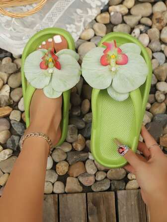 Unique Orchid Flower Decor Women's Summer Flip Flops, Hot Selling Beach Party Outdoor Holiday Casual Comfortable Bright Green Flat Slippers, Mother's Day Gift