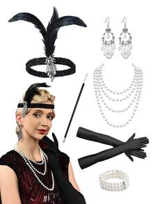 D EXCEED 6 件 20 世纪 20 年代女士配饰全套：装饰艺术头带、人造珍珠项链 - 盖茨比派对、婚礼、舞会必备品 - 母亲/教师复古礼物万圣节 - 多色 - 查看 1