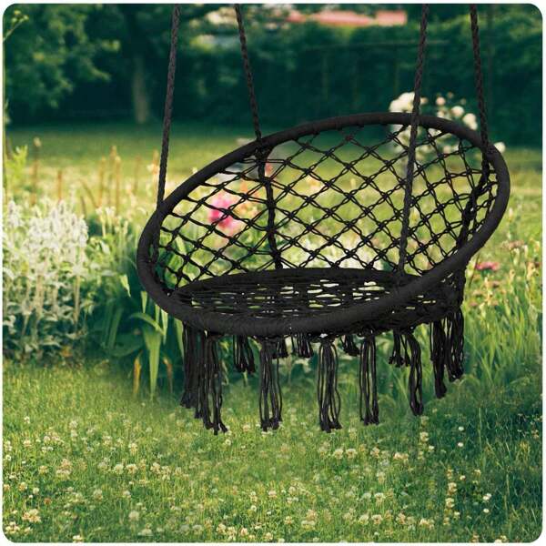 Sedia sospesa - Sedia amaca da giardino in macramè grigio e sedile per altalena - Sedia altalena in corda resistente e frange in stile boho - Sedia da giardino portatile, sedile per altalena da esterno per giardino, patio e albero SEDIA SOSPESA STORK'S NEST ALTALENA DA GIARDINO PER LA CASA 120 CM