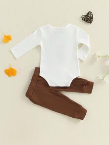 Baby Boy's Autumn 2-Piece Set - Ribbed Button Romper  Bow Detail Pants With Pockets - Khaki - View 8