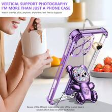 Bear 支架防震手机壳，电镀防摔设计，兼容 Apple 11/12/13/14/16 Pro Max、S22/23/24/25+ A04/A05/A14/A15/A24/A25/A34/A54、OPPO、VIVO、Redmi 13c+、Moto G Redmi NOTE 13c/14/12/11 PRO、HONOR 90/80/70/60/50/X9AB 防水防刮