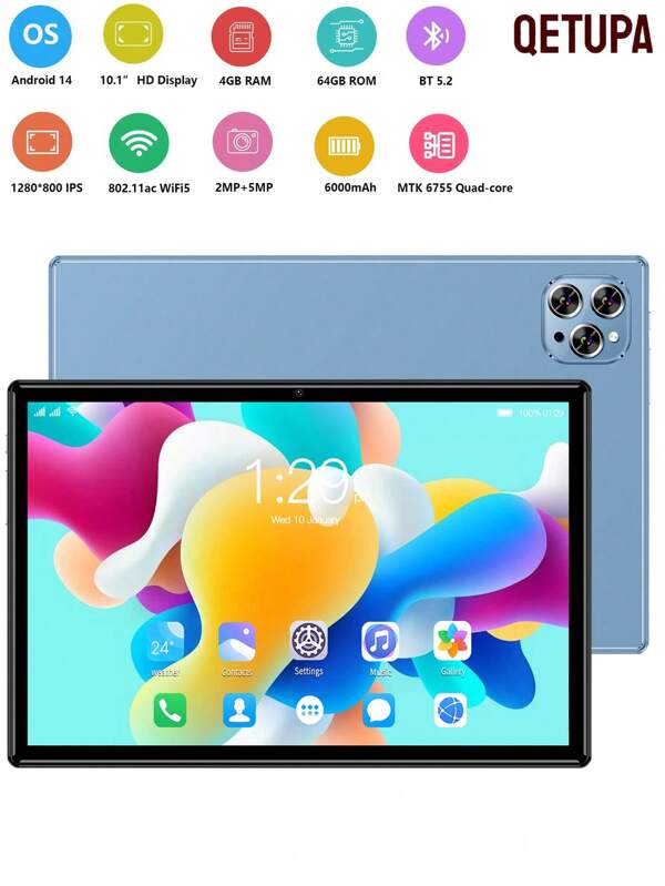 Qetupa Tableta Android 14 de 10.1 pulgadas, M9-4, 4GB RAM + 64GB ROM, Procesador Quad-Core MTK 6755 a 1.3GHz, Pantalla táctil IPS HD (1280x800), BT 5.2 y WiFi 802.11ac, GPS, Cámara frontal de 2MP y cámara trasera de 5MP, Batería de 6000mAh, No compatible con tarjeta SIM