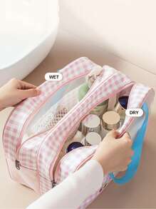 1pc Cartoon & Plaid Transparent PVC Toiletry Bag, Double Layer Dry-Wet Separation Organizer Bag, Waterproof For Travel & Swimming