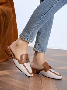 Women's Fashion Closed Toe Mule Flats, Low Heel Contrast Color Design, Linen Shoes For Spring & Autumn - Brown - View 3