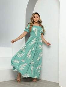Women's Dress All-Over Print Leaf Boho Fabric Ruffle Hem Ruffled Ruched Long Beach Evening Birthday Party Baby Shower Garden Photoshoot - Hijau - View 4