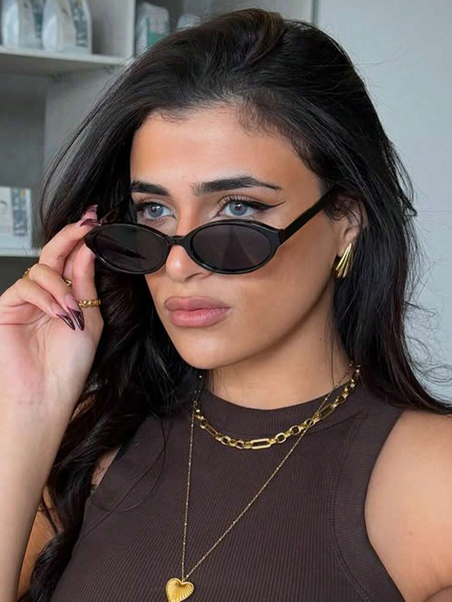 1pc Fashion Small Frame Oval Fashion Glasses Personalized Versatile Vintage Women's Glasses Summer Travel Holiday Beach Accessories Back To School Preppy School Look - 黑色 - 查看 1