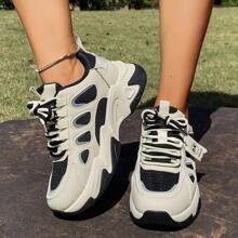 1 Pair Women's Breathable Anti-Slip Lace-Up Chunky Sneakers With Mesh Panels, Sporty & Casual