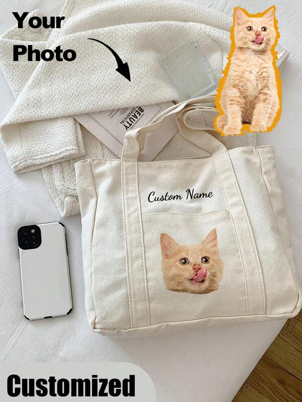 Personalized Pet Photo And Name Tote Bag, Large Capacity Shoulder Bag For Work, Travel, College Students Letter Portable, Multifunction, Versatile, Lightweight, Functional, Practical For Anniversaries, For Christmas, For Fall/Autumn, For Holiday/ Vacation, For Outdoors/Outings/Travel/Hiking/Stadium/Sports/Climbing,All-Purpose,Large Capacity,Versatile,Multifunction,Colorful,Cute,Adorable,Contracted,Funny,Kawaii,Y2K,Minimalist,Commuting,Business Casual,Basics,Custom,Personalized,Unique,Customized,Ideal Gifts For Him,Ideal Gifts For Her,Her,Family,Friends,Girlfriend,For Anniversaries,For Birthdays,For Holiday/ Vacation,For Outdoors/Outings/Travel/Hiking/Stadium/Sports/Climbing,For Business/Commute/Work/Office,Vacation