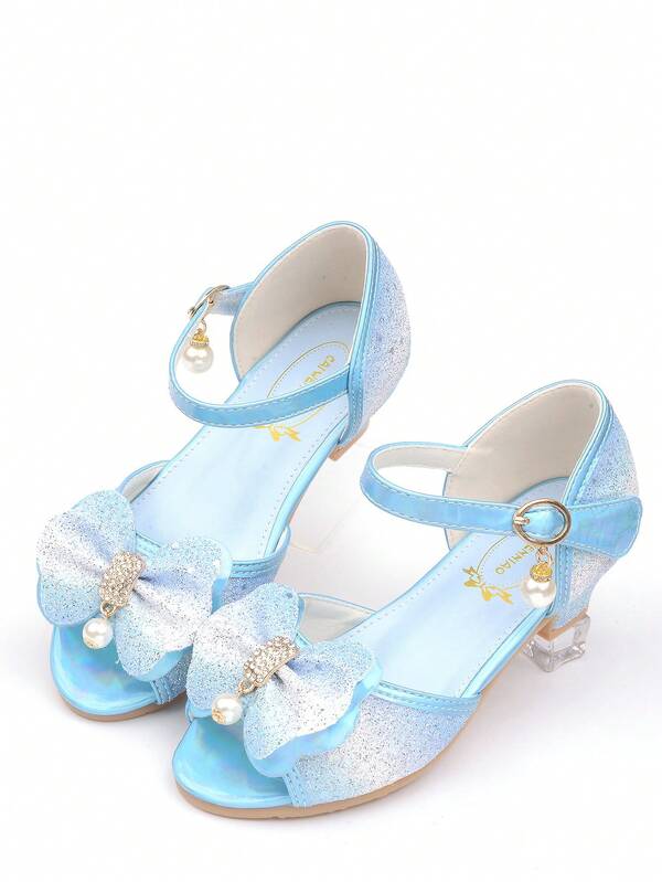 Girls' Crystal High Heel Sandals, Princess Shoes With Bowknot, Blue & White Formal Dress Shoes With Sequins