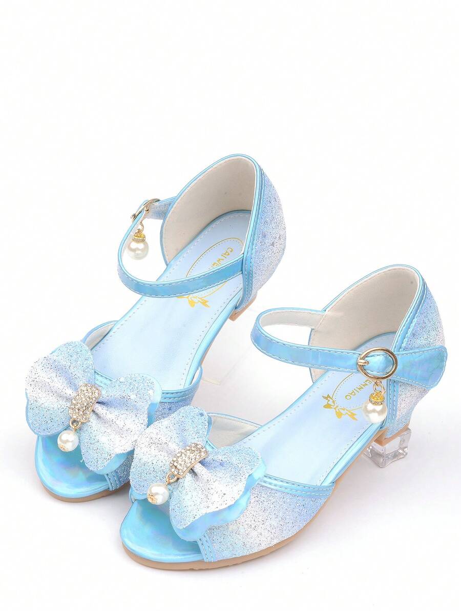 Girls' Crystal High Heel Sandals, Princess Shoes With Bowknot, Blue & White Formal Dress Shoes With Sequins