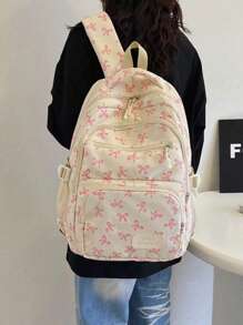 Rucsac pliabil cu 3 buzunare, bej, din nailon, cu imprimeu cu funde, pliabil, rezistent la apă, cu fermoar, potrivit pentru adolescenți, elevi de liceu/universitate, femei pentru zi cu zi, școală, antrenament, naveta, cumpărături, călătorii, cadou de Ziua Îndrăgostiților (literele mici de etichetare sunt aleatorii), rucsac școlar la modă cu penar, rucsac drăguț cu funde, esențial pentru întoarcerea la școală