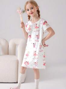 Camisón ignífugo con estampado lindo para niñas, cuello redondo, manga corta, ropa de casa informal, nueva llegada de primavera y verano