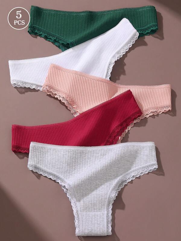 5pcs/Set Women's Sexy Multicolor Casual & Comfortable Minimalist Plain Knit Low Waist Panties