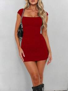 Summer Women's Knitted Sexy Slim Hip Wrap Solid Color Dress - 酒紅色 - 查看 1