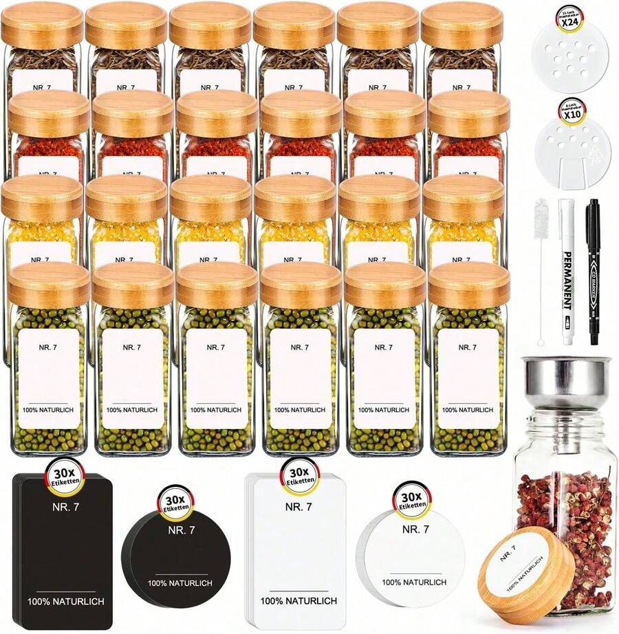 SAEIV Square Spice Jars Set [12/24/35 Pieces] With Bamboo Lid, 120ml Spice Jars With Labels, Spice Shaker Spice Jars Spice Container With Funnel, Empty Stickers, Cleaning Brush, Sieve