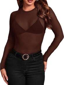 Basic Tulle Bodysuit With Long Sleeves Autumn Winter Fashion 2025 - Rust Brown - View 2