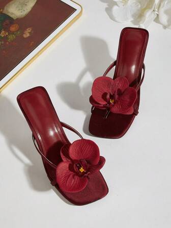 Spring/Summer Travel Beach Sandals, Square Toe Satin Floral Thong Strappy High Heel Sandals, Burgundy