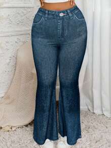 Plus Size Women Fashion Denim Effect Print Flared Pants With Fake Pockets, Stretchy Casual Trousers, Long Length