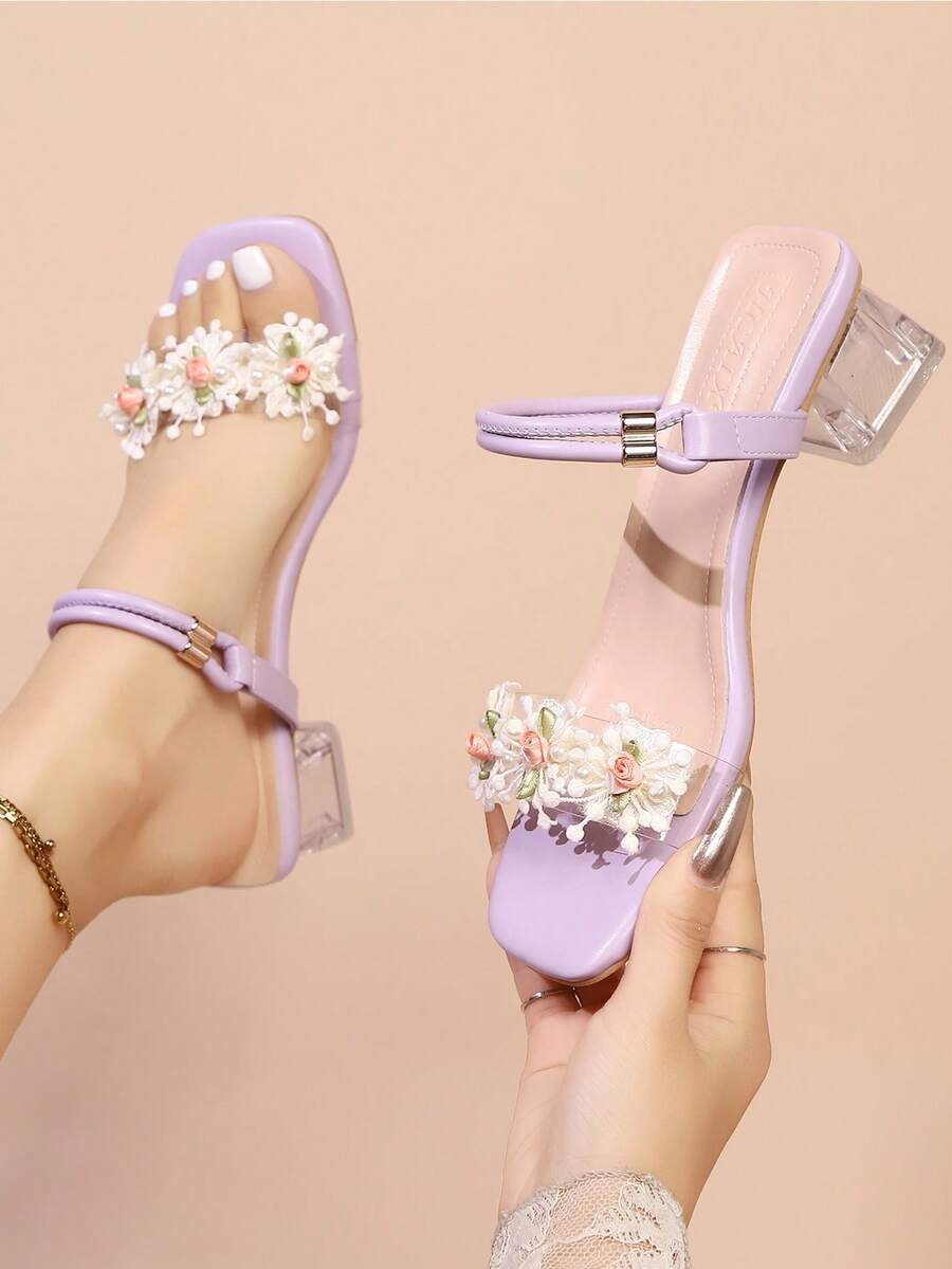 夏季新款中跟仙女风格水钻公主花朵粗跟凉鞋，绑带细节 - 紫色 - 查看 1