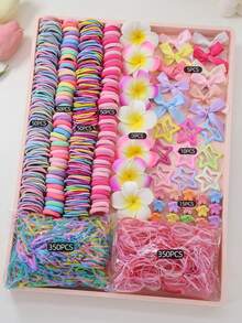 940pcs Colorful Faux Flower Hair Clips, Bowknot Hair Ties, Simple Girl Hair Accessories For Beach Holiday, Daily Use And Gift - Multicolor - View 15