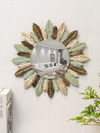 1 st fjäder järn vägghängande dekorativ spegel, elegant järn väggmonterad dekor, bohemisk stil väggskulptur, klassisk design, modern järnkonst vägg spegel dekoration för vardagsrum, sovrum, hus, nytt hem inflyttningspresent