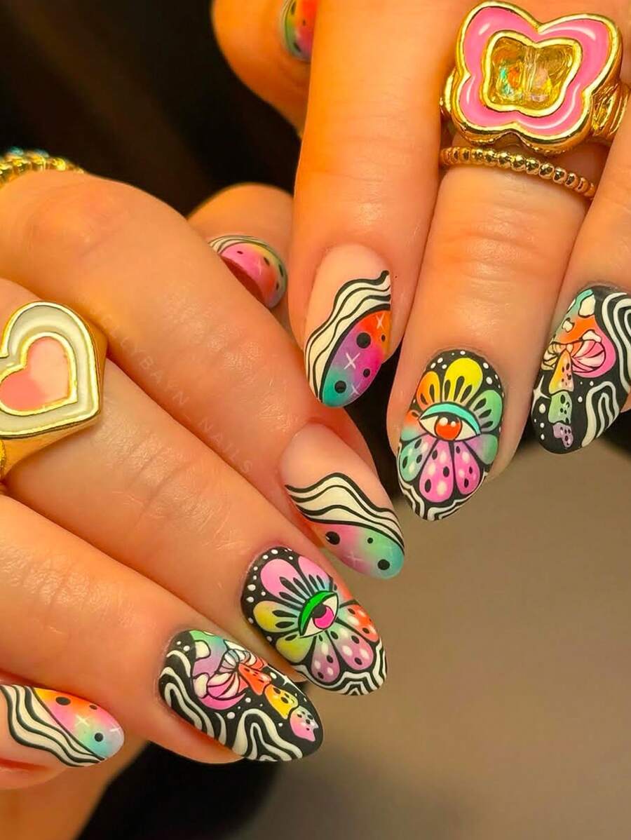 24 Stück mandelförmige Acryl-Aufklebe-Nägel im Geschenkbox, abstraktes amerikanisches Retro-Stil, personalisierte Graffiti, lustige Zauberaugen, bunte Cartoon-Pilze, schwarz-weiße Streifen, Dopamin, Mädchen-Geschenk, Party, tragbare Fake-Nägel mit Gelee-Kleber 1 Stück, 1 Feile Nagelzubehör