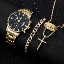 4 件套 男士商务优雅不锈钢表带三眼六针日历腕表 + 十字架项链 + 手链 + 戒指