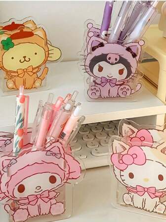 Sanrio 1 st Realistisk Sanrio Dummy Pennhållare med Kitty, svart katt och melodidesign, genomskinlig multifunktionell förvaringsbox med stor kapacitet, bedårande brevpappersorganisator gjord av plast, inga fjädrar, finns i flera färger, lämplig för studentförvaring och dekorativ display