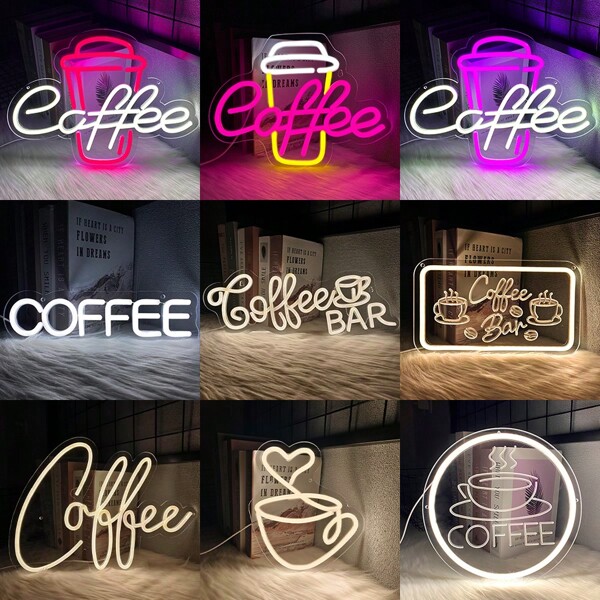 Enseigne au néon café, enseigne murale décorative commerciale de bar à café, lumières au néon, enseigne lumineuse à LED de magasin de café, décoration de pièce esthétique, convient pour les cafés, restaurants, magasins commerciaux, coins café, bars, salles d'homme, fêtes, cadeaux d'anniversaire, éclairage néon café, alimenté par USB 5V, interrupteur de contrôle, facile à installer.