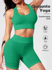 Women's Sports Bra Sets GYM Bras And Leggings Combination Comfortable Steel-Free U-Neck Low-Rise - Green - View 1