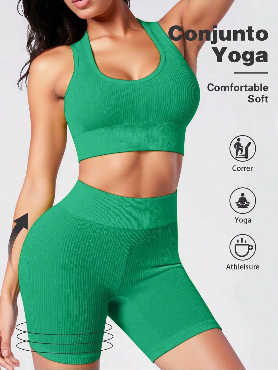 Women's Sports Bra Sets GYM Bras And Leggings Combination Comfortable Steel-Free U-Neck Low-Rise - Green - View 1