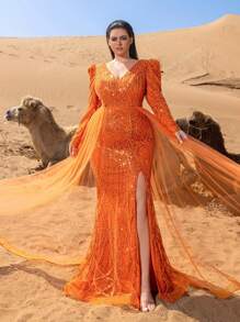 Faeriesty Haute Glamour Plus Luxurious V-Neck Long-Sleeve Beaded Evening Gown With Back-Tie Closure, Dramatic High Slit, Side Flowing Panels & Mermaid Train – Elegant Formal Wear For Red Carpet Galas, Black-Tie Dinners, Wedding Guest Attire, Award Ceremonies, And Charity Ball Events