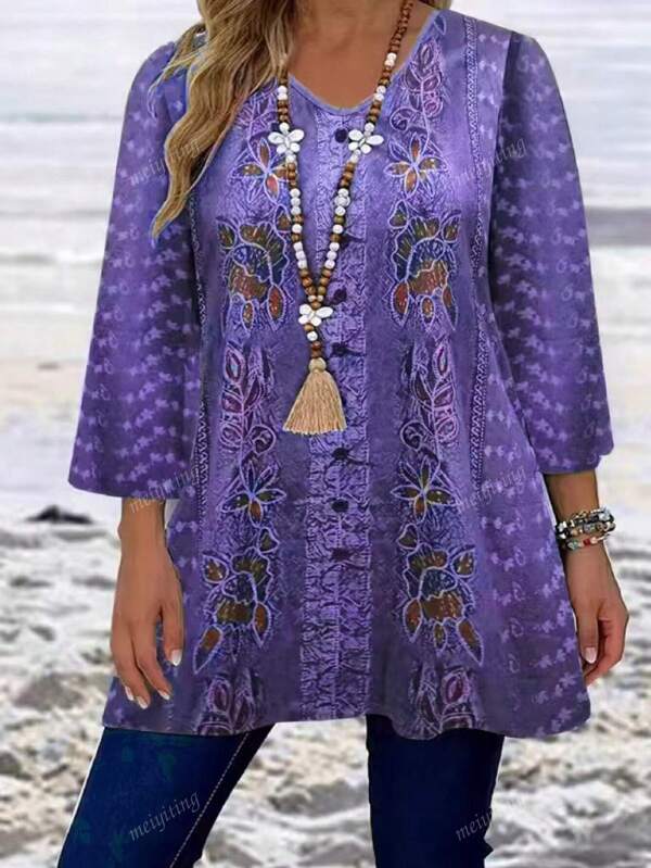 Women Plus Size Summer 3/4 Sleeve Casual Floral & Leaf Print T-Shirt