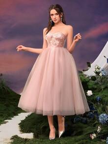 Faeriesty 公主美人花卉贴花细节透视紧身胸衣对比薄纱返校派对抹胸连衣裙 - 粉色 - 查看 2