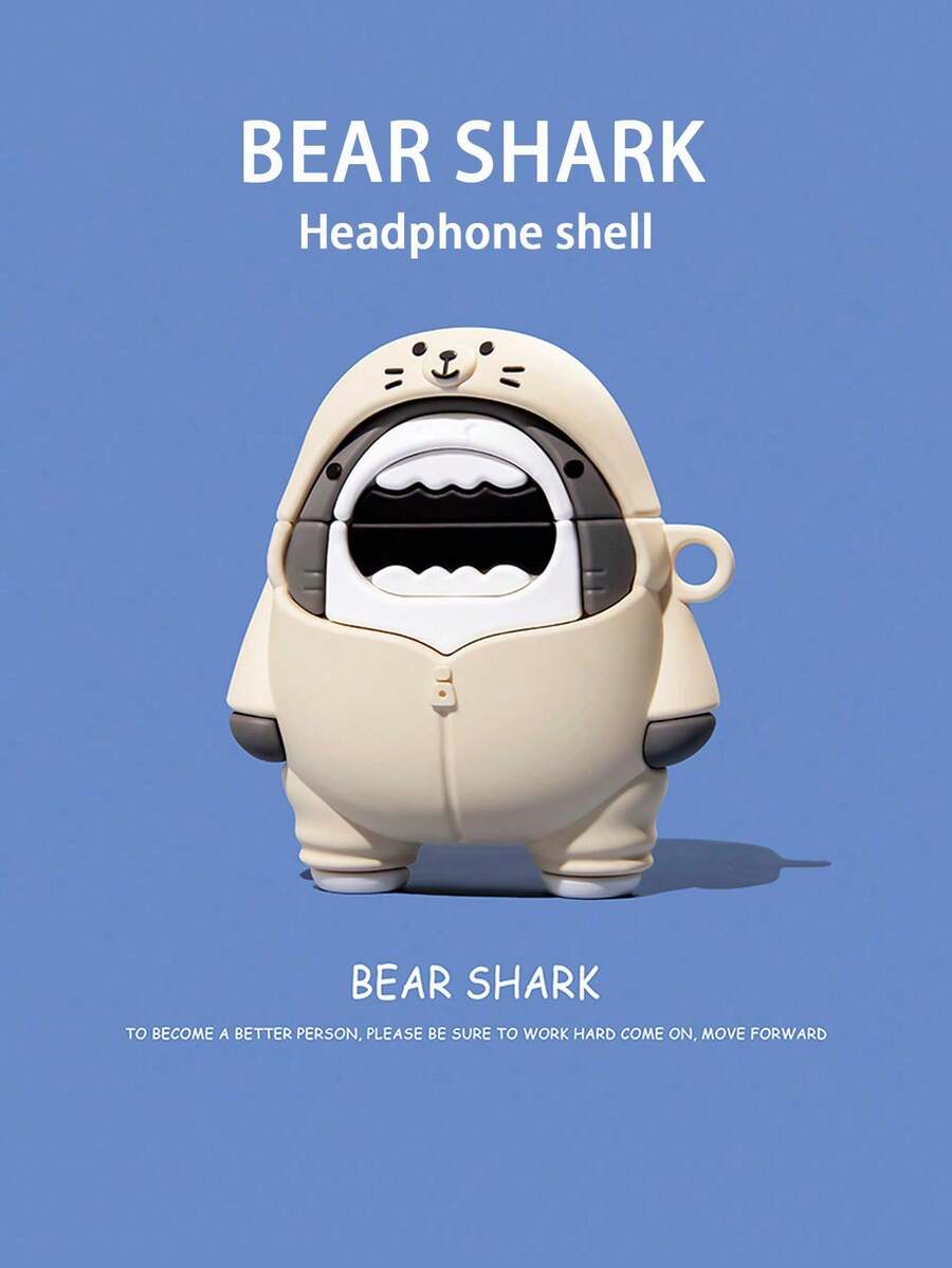 1pc Cute Cartoon Shark Design 3D Silicone Earphone Protective Case, Compatible With 1/2/3/Pro/Pro2