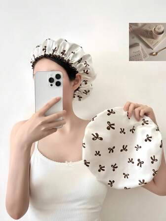 1pc Bowknot Double Layer Waterproof Reusable Shower Cap, Elastic Women Bathing Hair Cover, Kitchen And Household Moisture Proof Grease-Resistant Cap