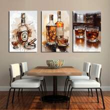 Set de 3 tablouri artistice vintage înrămate cu whisky și trabucuri, imprimare afișe de lux de ultimă generație, potrivite pentru bar modern, sufragerie, baie, dormitor, hotel, pensiune, vilă, galerie, club, cramă, coridor, studio, sală de clasă, studiu, decorațiuni de perete de birou gata de agățat